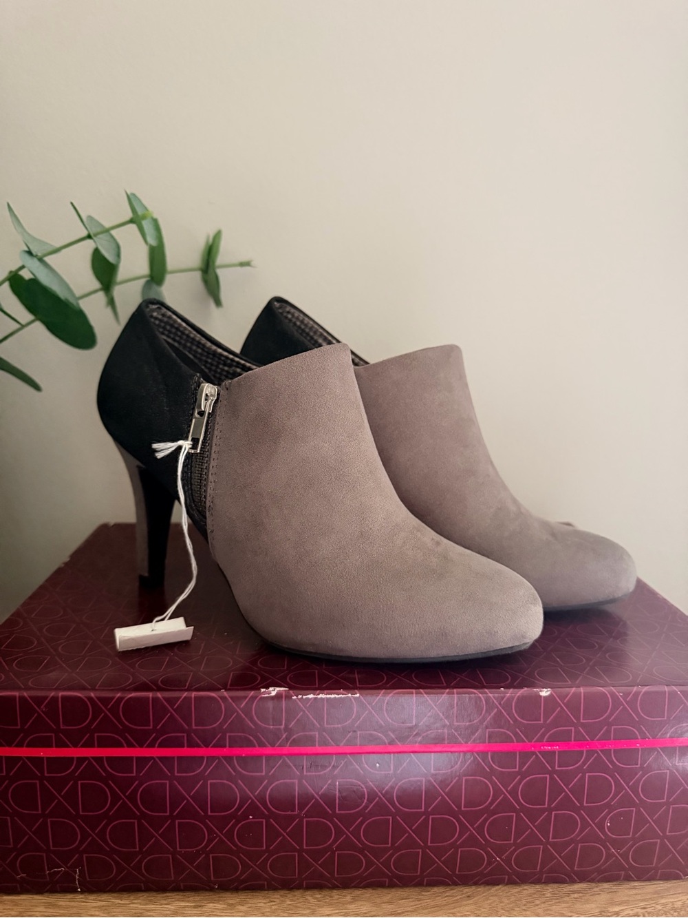 Dexflex Women’s Taupe and Shimmer Black Suede Ankle Booties - Stylish High Heel